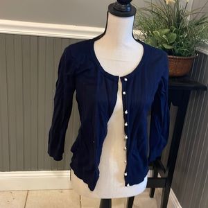Navy cardigan with white pearl buttons